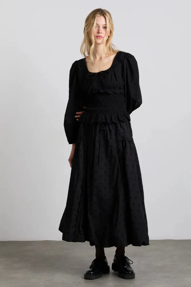 Agatha Embroidered Midi Skirt - Black