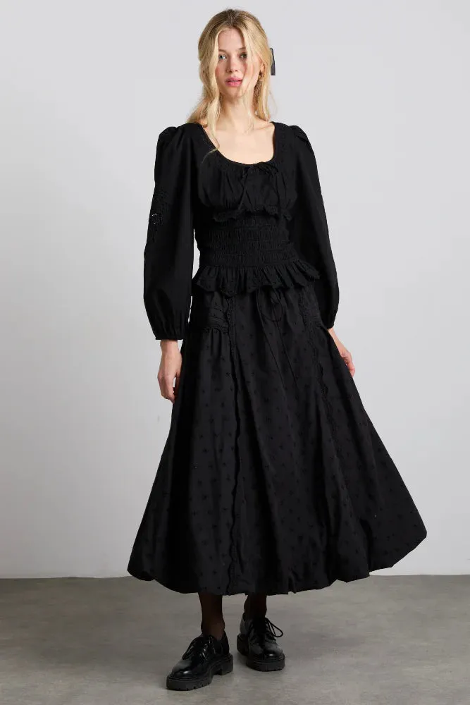 Agatha Embroidered Midi Skirt - Black