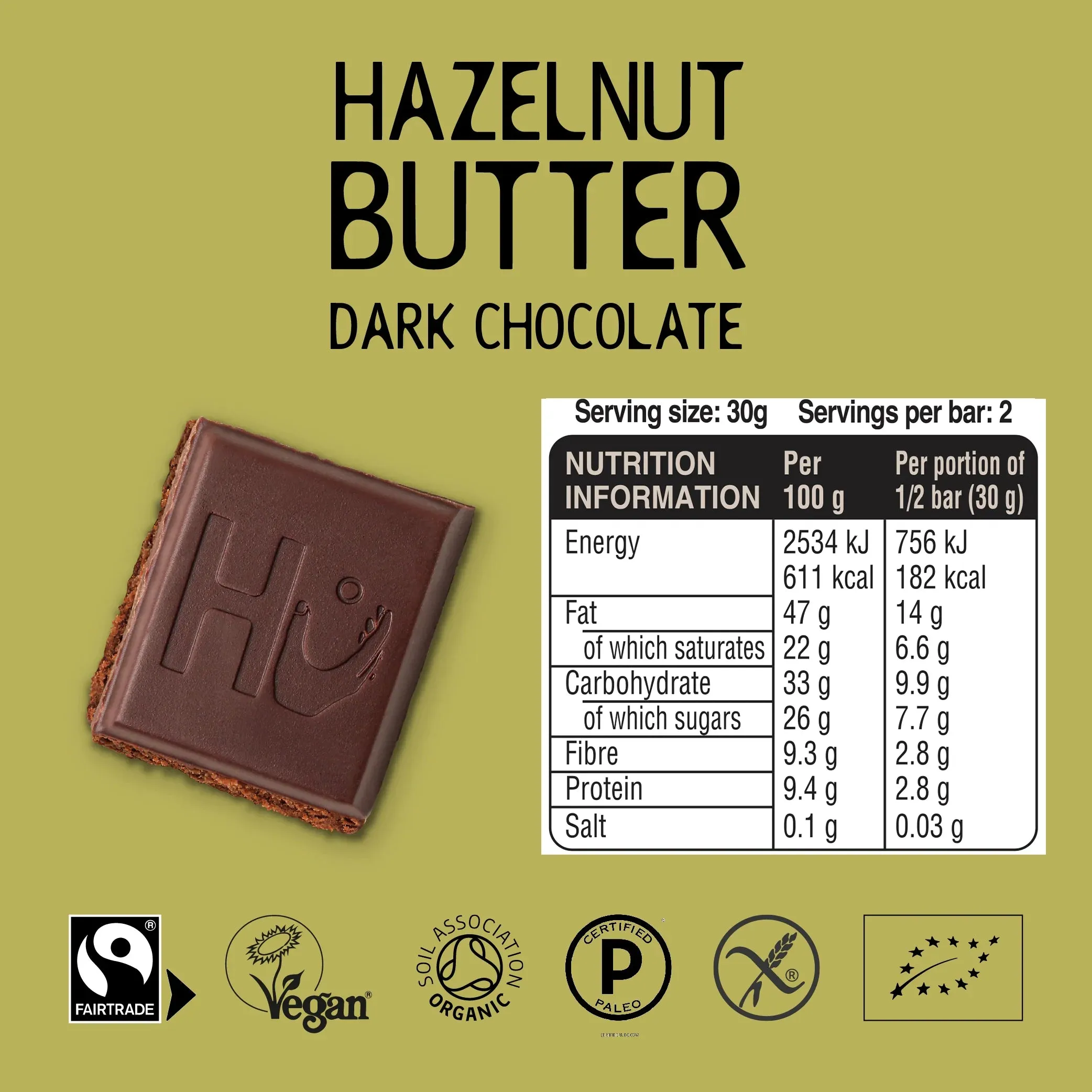 Hazelnut Organic 70% Dark Chocolate Bar 60g