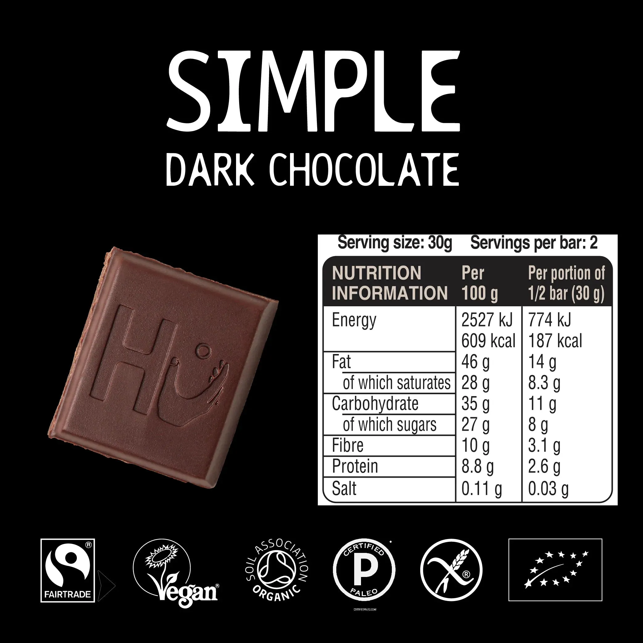 Simple 70% Dark Chocolate Bar 60g